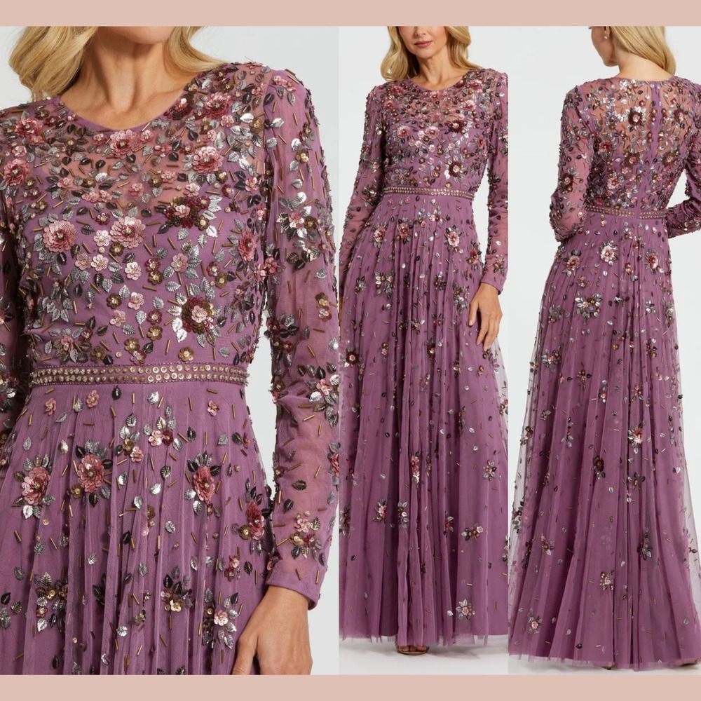 NWT Mac Duggal [ 14 ] 10063 Long Sleeve High Neck Beaded‎ Gown Raspberry #J1796